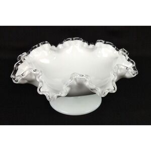 Vintage Fenton White Silver Crest Ruffle Edge Bowl MCM 8" Footed Milk Glass Dish